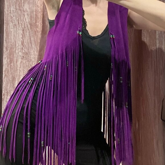 Vtg 60s AAE fringe bead vest purple suede unisex hippie Woodstock Prince Hendrix